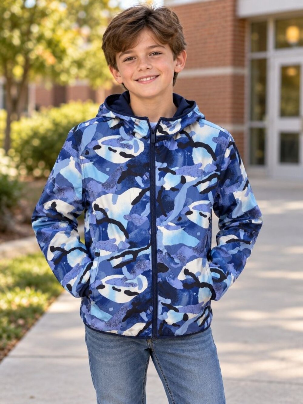 All in Motion size Medium 8 Boy's Hooded Windbreaker Camo Blue